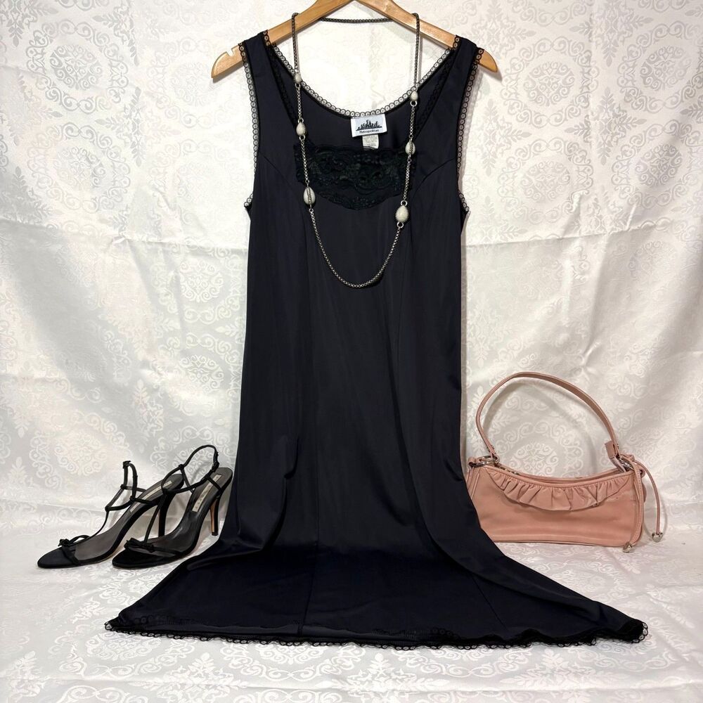Black Slip Dress Cocktail Party Going Out Lace Satin Vintage Nylon Midi Size M